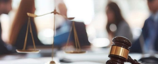 A judge's gavel and a scale of justice are placed on a desk in the foreground, while four blurred individuals are in discussion in the background.