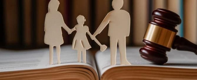 Paper cutout figures of a family standing on an open book next to a judge's gavel, with a bookshelf in the background.