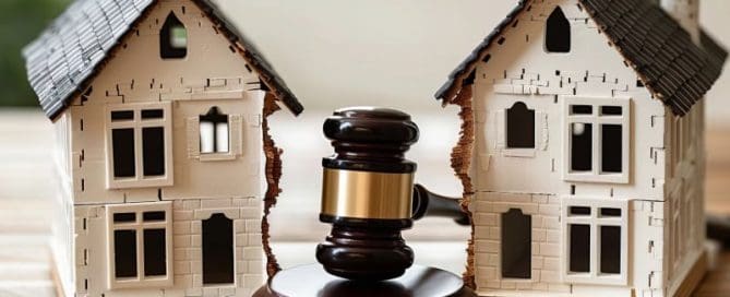 Two halves of a model house are separated by a gavel, symbolizing property division or legal dispute over real estate.