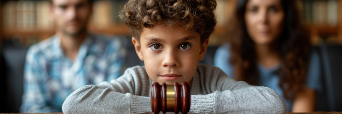 Guide-to-Family-Legal-Issues A young boy sits with his arms resting on a judge’s gavel, with two adults in the blurred background, highlighting the impact of family legal issues in a California courtroom setting.