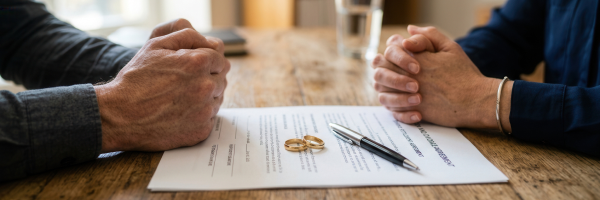 pensions and divorce california Two people sit at a table with hands clasped near a divorce agreement, two wedding rings, and a pen on top of a document.